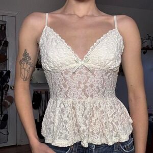 Ecote Cream Floral Lace Peplum Camisole Top Small Ivory Bow Coquette